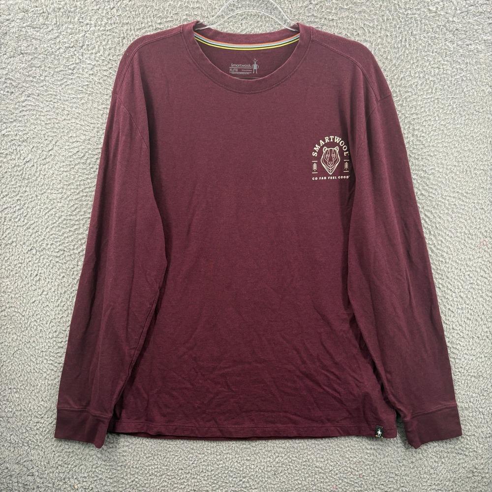 Smartwool Long Sleeve T-Shirt Mens XL Burgundy Bear Graphic Merino Wool Cotton